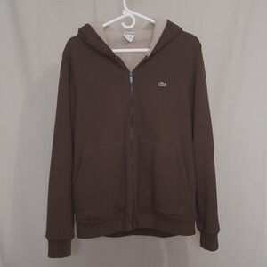 Lacoste Brown Sherpa Lined Zip Up Hoodie Sweatshirt Jacket Coat Mens Large